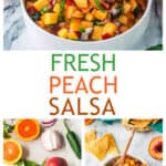 Three photos of fresh peach salsa.