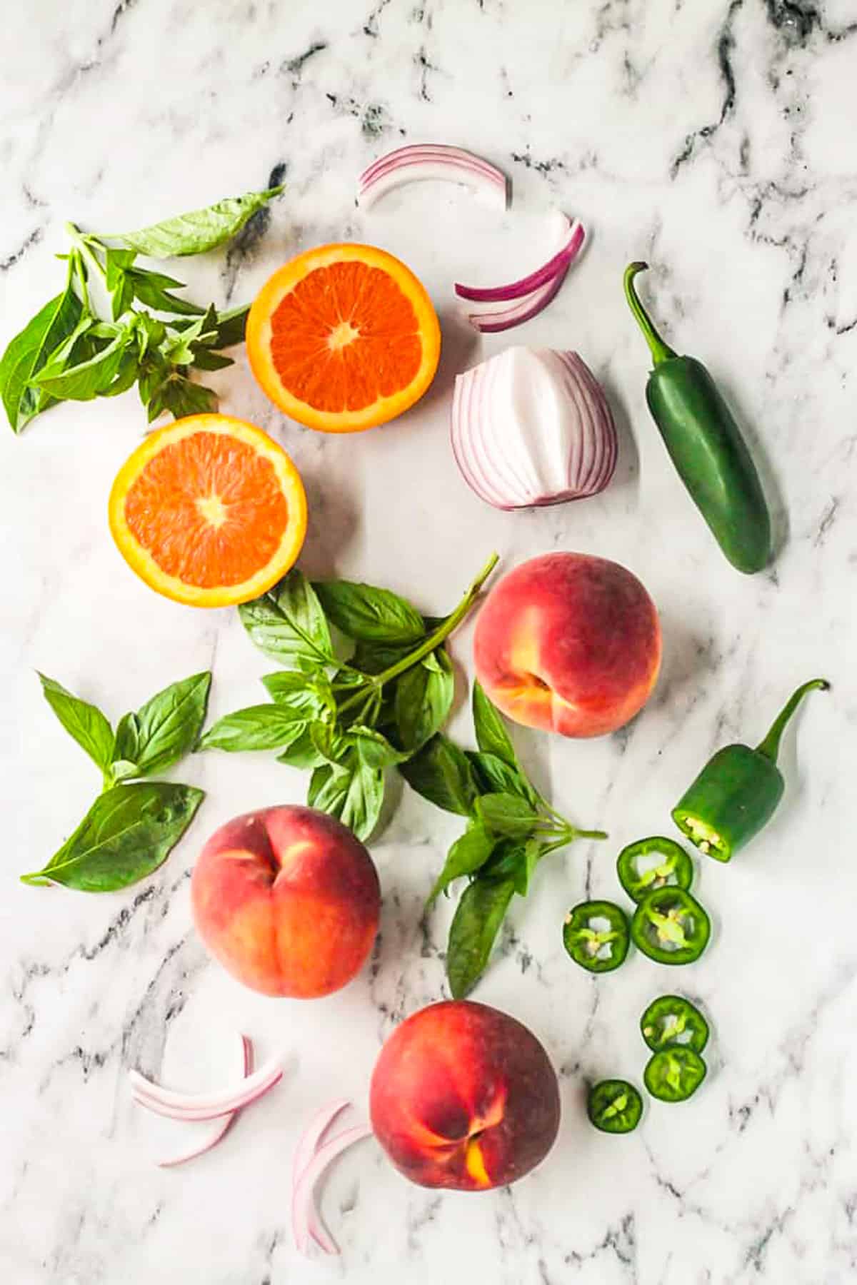 Recipe ingredients on a slab of marble.