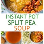 Three photo collage of a bowl of soup, recipe ingredients, and two bowls on a table.