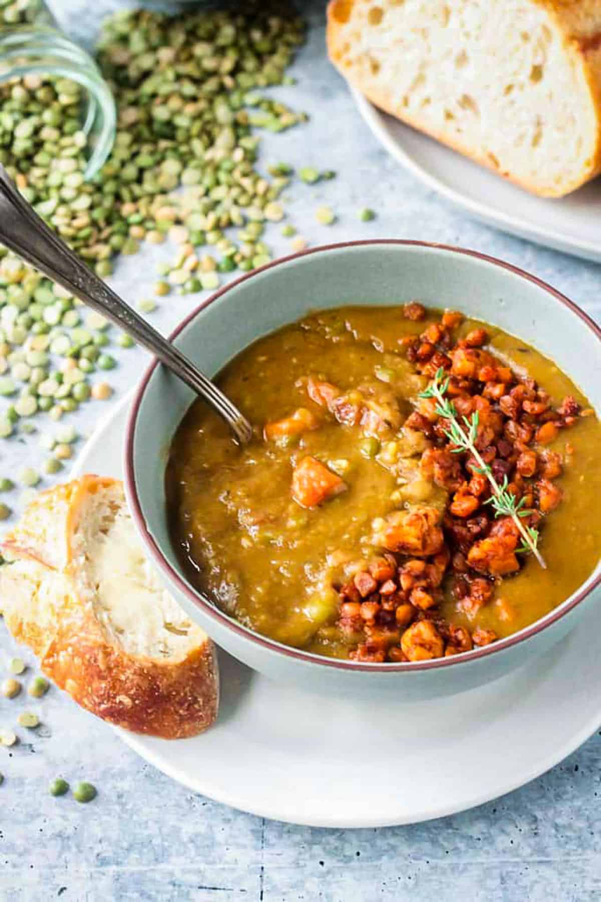 Split pea soup topped with crumbled tempeh.