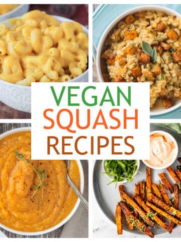 Four photo collage of a variety of vegan butternut squash recipes.