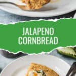 Two photo collage of a bite of cornbread on a fork and a slice on a plate with butter.