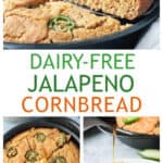 Three photo collage of jalapeno cornbread in a skillet, slice being lifted out, and a serving on a plate.