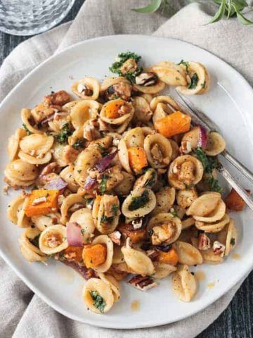 Fall Roasted Vegetable Pasta on a white plate with two forks.