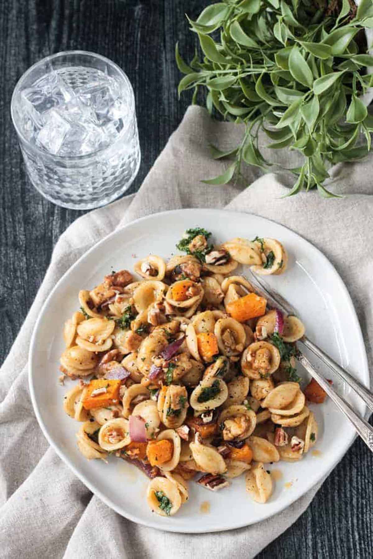 Fall Roasted Vegetable Pasta on a white plate with two forks.