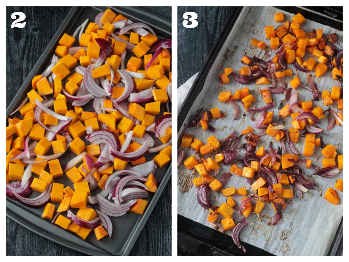 2 photo collage of roasted vegetables on a baking sheet before and after roasting.