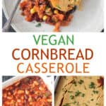 Three photo collage of a cornbread casserole serving, the filling in a baking dish, and the baked casserole.