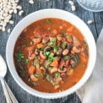 Overhead view of a bowl of Black Eyed Pea Soup.