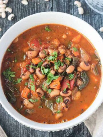 Overhead view of a bowl of Black Eyed Pea Soup.