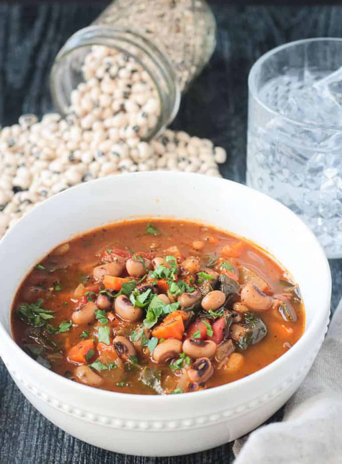 Front view of soup bowl filled with Black Eyed Pea Soup.