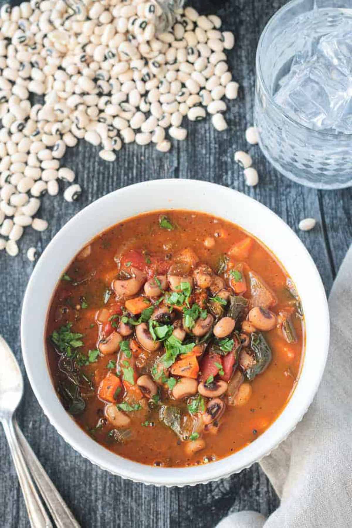 Overhead view of a bowl of Black Eyed Pea Soup.