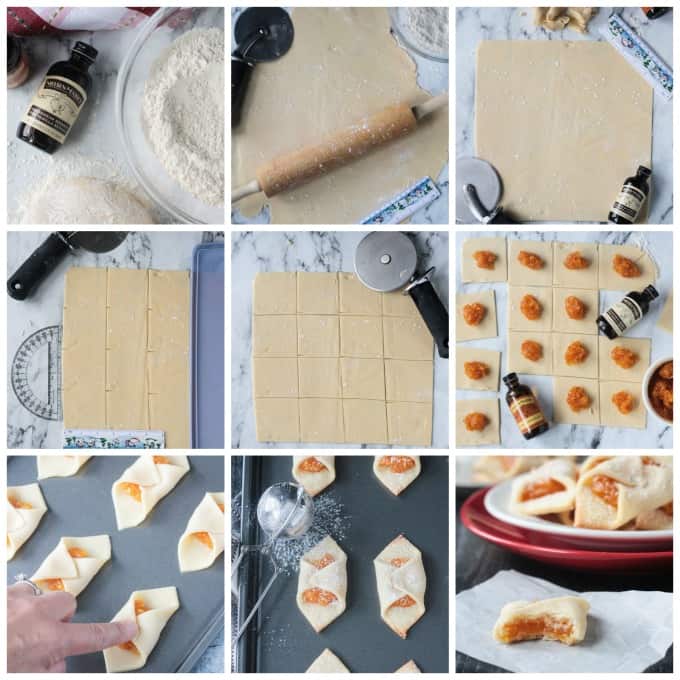 collage of step by step photos showing how to roll out, cut, and fill the kolaczki dough