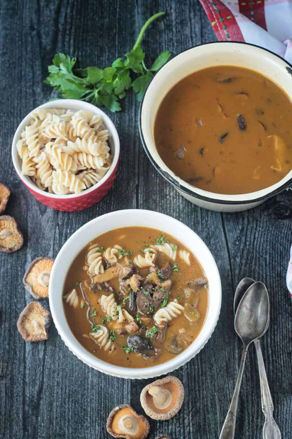 Bowl of mushroom soup in front of a bowl of rotini noodles.