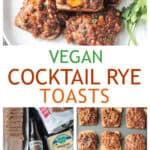 Three photo collage of vegan polish mistakes on a plate, recipe ingredients, and a baking sheet full of appetizers,