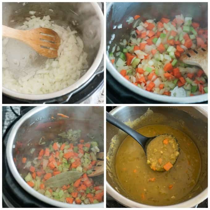 step by step photos in a colage for how to make vegan split pea soup
