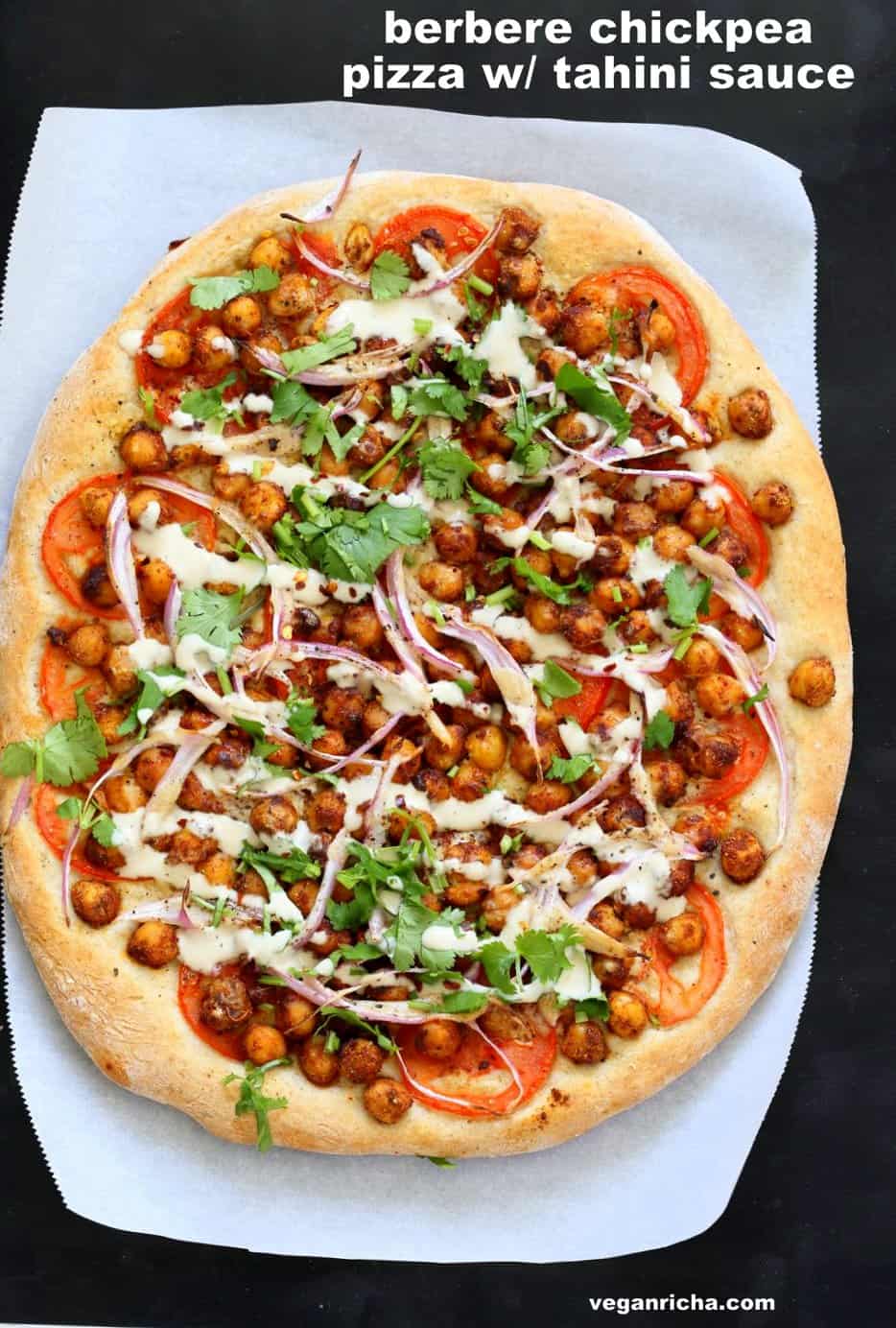 pizza crust with chickpeas and tahini sauce