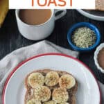 Toast with almond butter, banana slices, and hemp seeds.
