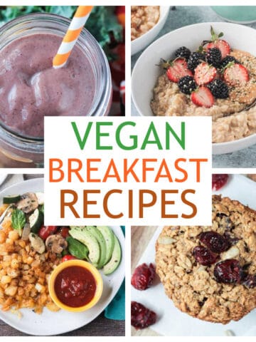 Four photo collage of a variety of vegan breakfast recipes.