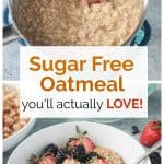 Cooked oatmeal in a pot and a bowl of oatmeal with fresh berries.