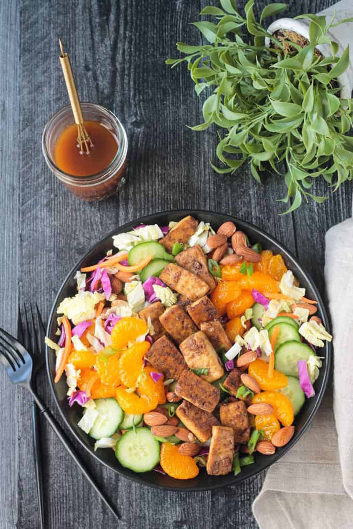 Salad w/ green and red cabbage, cucumbers, mandarin oranges, carrots, and baked tofu.