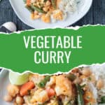 Two photo collage of a serving of vegetable curry and a close up of the simmered veggies.