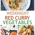 Three photo collage of vegetable curry, recipe ingredients, and a close up of curry vegetables.