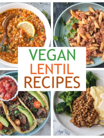 Four photo collage of a variety of vegan lentil recipes.