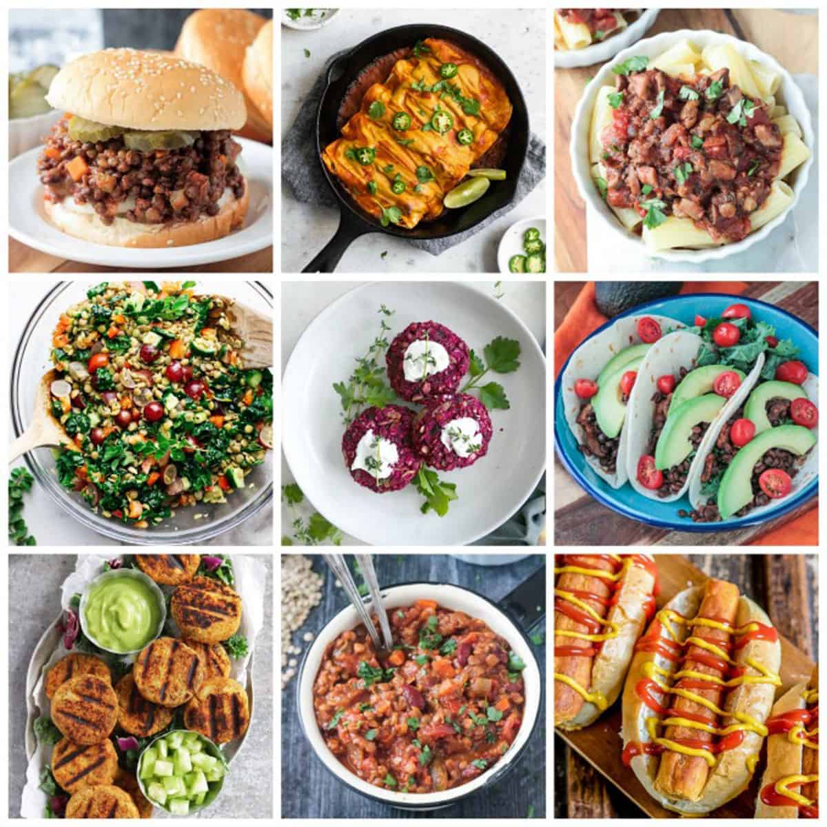 9-photo collage of a variety of vegan lentil recipes.