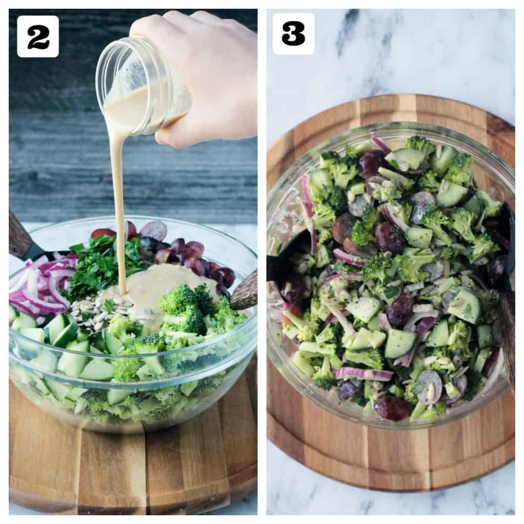 2-photo collage: pouring dressing over salad; salad mixed in bowl.