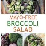 Three photo collage of broccoli salad in a bowl, recipe ingredients, and a serving with fruit.