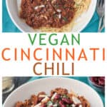 Two photo collage cincinnati chili on top of spaghetti noodles and a serving of noodles and chili mixed together.