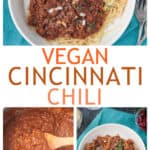 Three photo collage of vegan cincinnati chili, chili is a skillet, and a plated serving.