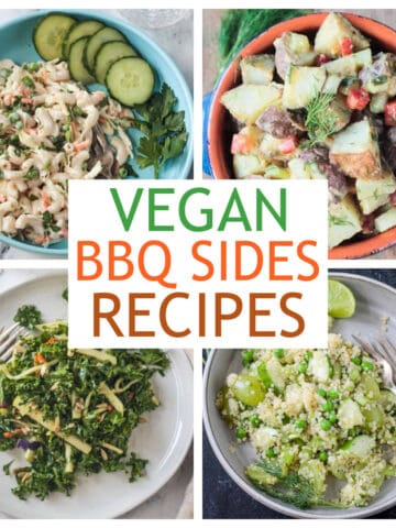 Four photo collage of a variety of vegan bbq sides recipes.