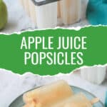 Two photo collage of popsicles in a mold and three popsicles on a plate with ice.