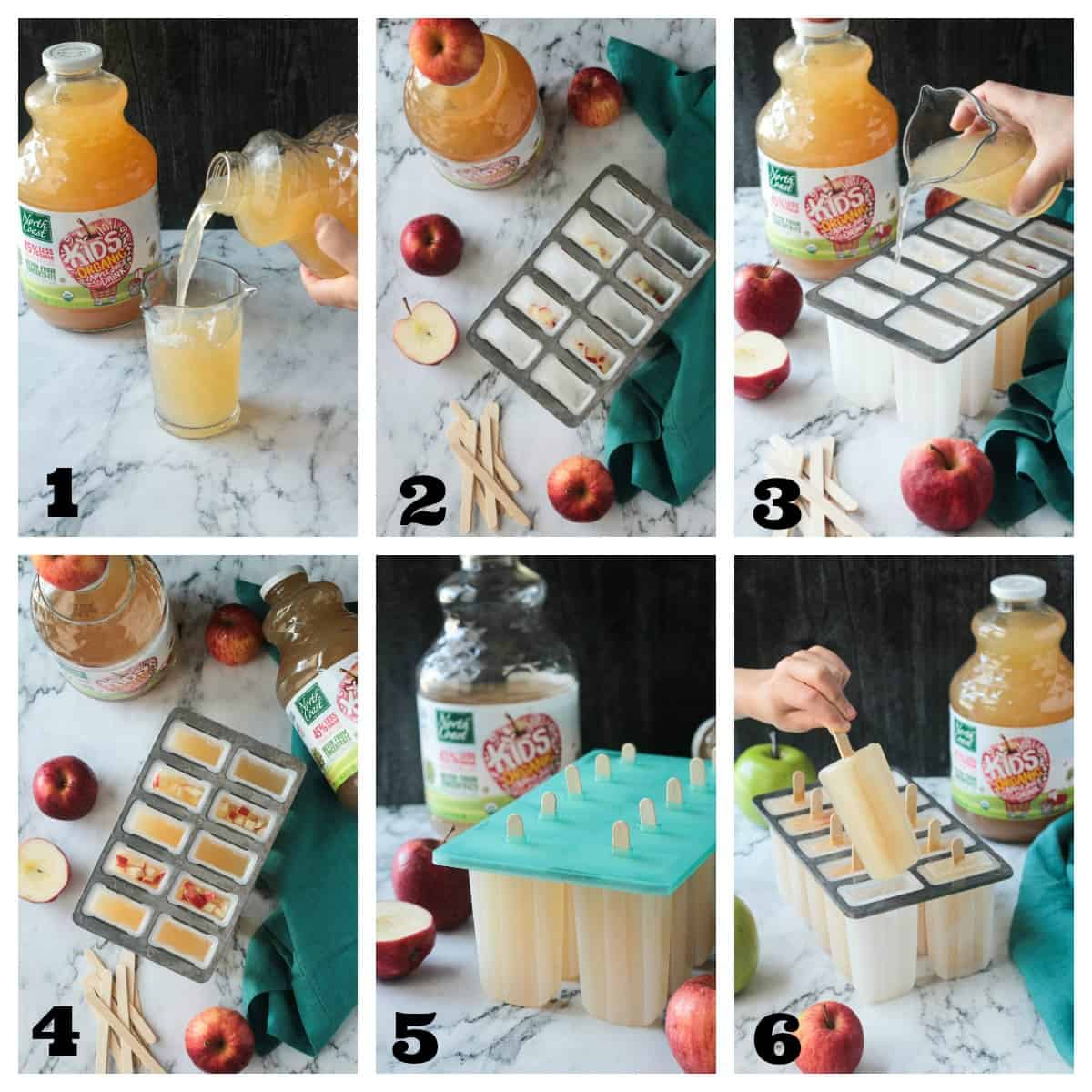 Collage of 6 step by step photos showing how to make healthy popsicles.