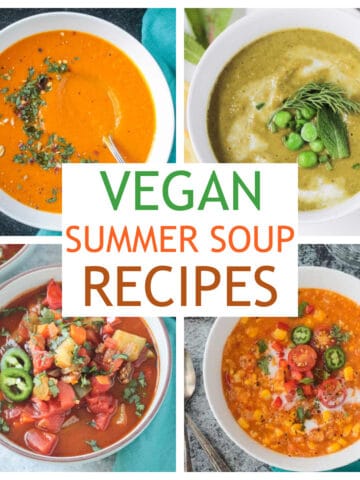 Four photo collage of a variety of vegan summer soup recipes.