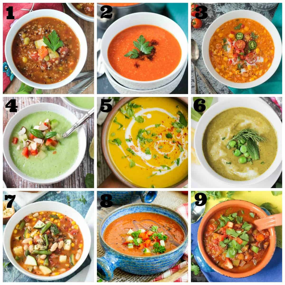 9-photo collage of summer soup recipes.