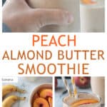 Three photo collage of a peach smoothie and the ingredients used.