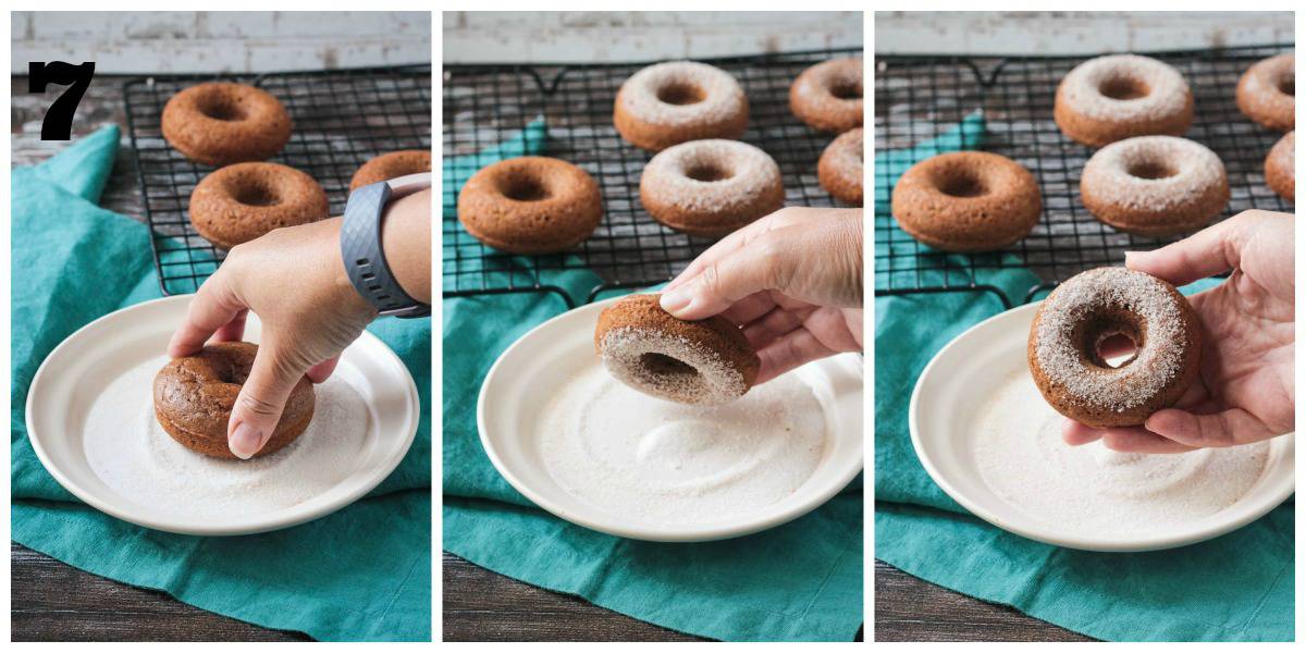 3 photo collage showing how to coat donuts in sugar.