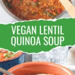 Two photo collage of a pot of soup and a bowl of soup.
