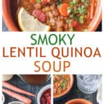 Three photo collage of a bowl of soup, recipe ingredients, and two bowls of soup with spoons.