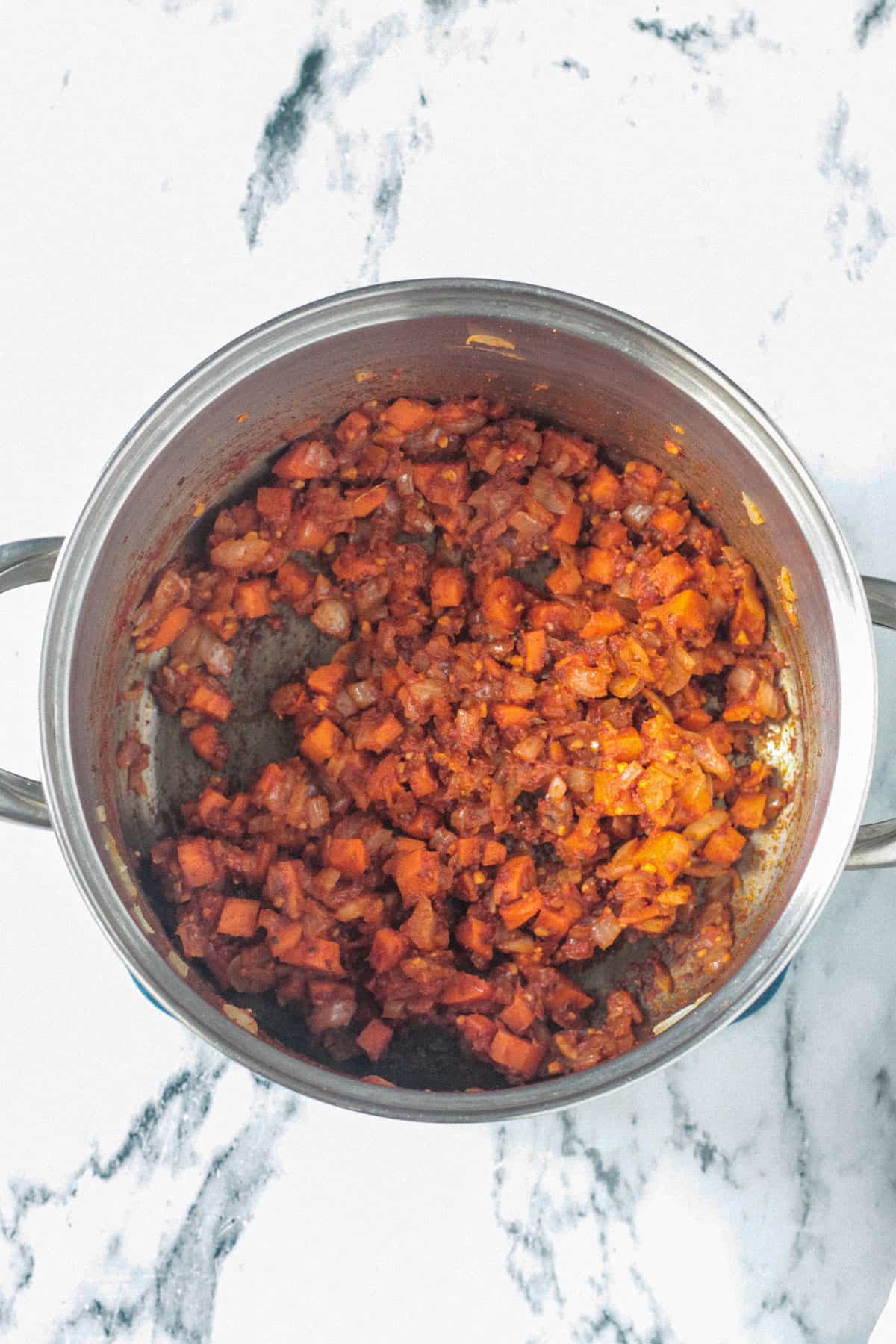 Vegetables and spiced cooked down in the pot.