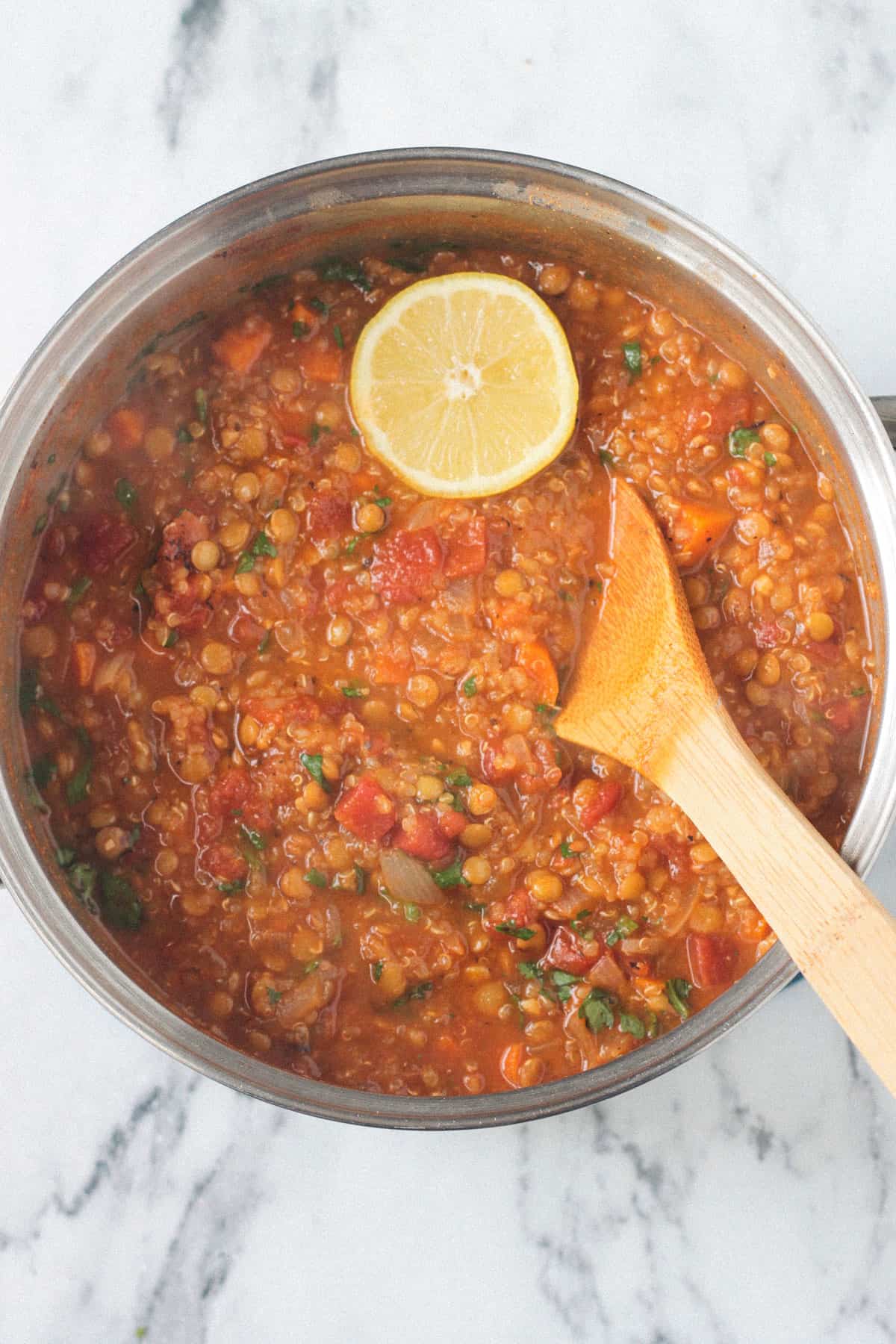 Finished soup in pot.