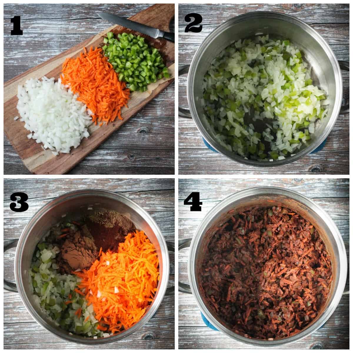 4-photo collage: diced veggies; sautéing onion; adding carrot & pepper; mixing.
