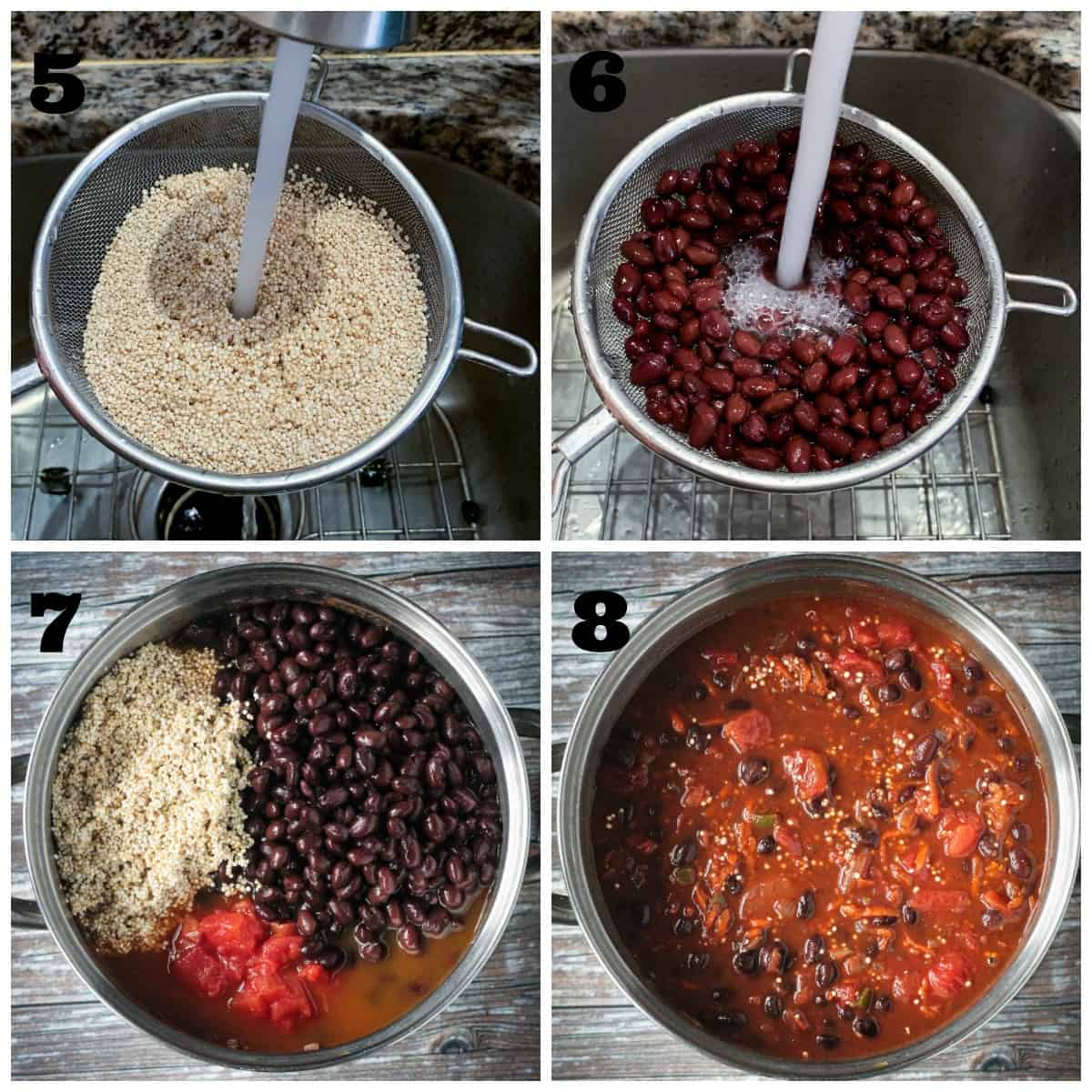 4-photo collage: rinsing quinoa; rinsing beans; added to pot; combined with tomatoes & broth.