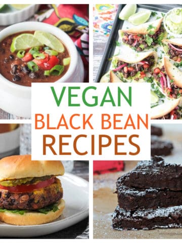 Four photo collage of a variety of vegan black bean recipes.