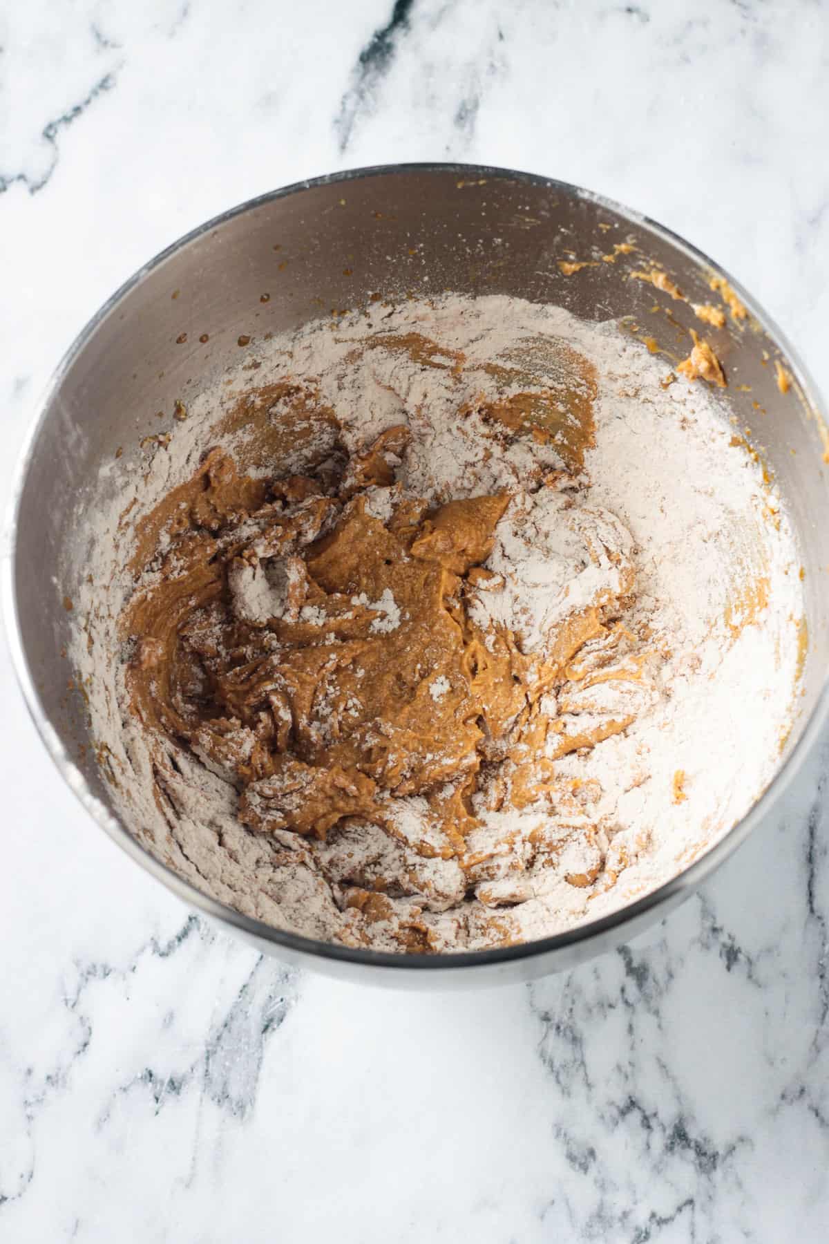 Flour mixture added to the bowl.
