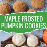 Two photo collage of a bowl of frosting and a plate of cookies.