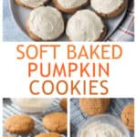 Three photo collage of a plate of cookies, cookies on a cooling rack, and a bowl of frosting.