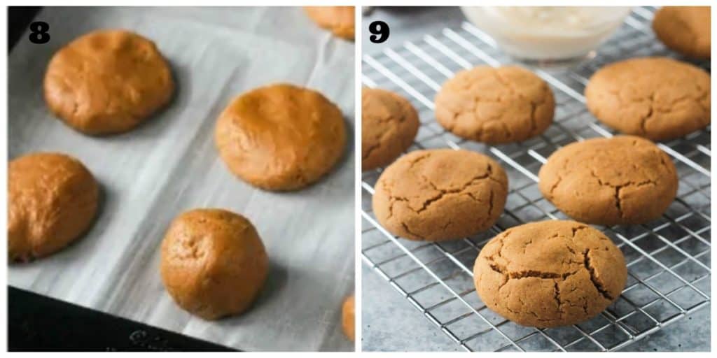 2 photo collage: unbaked cookies on a baking sheet; baked cookies on a cooling rack.